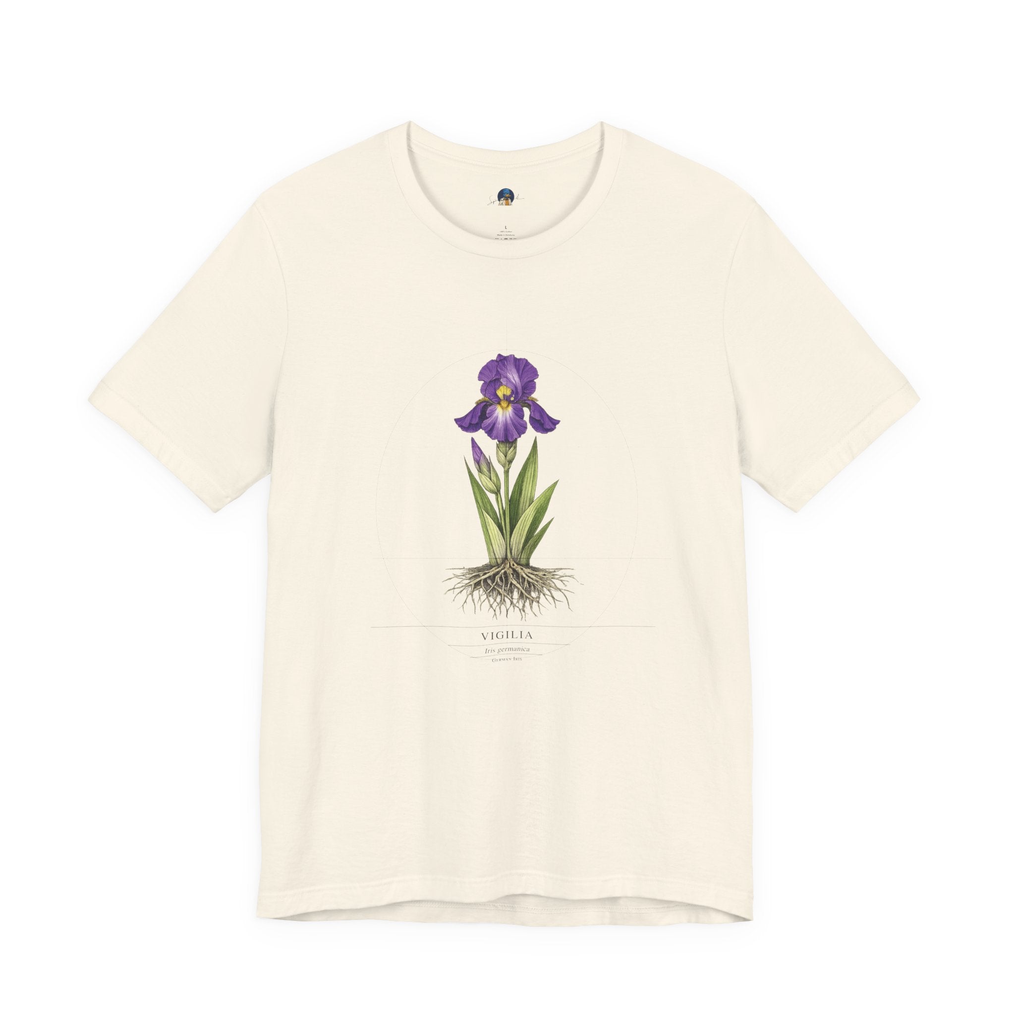 Vigilia Iris germanica, German Iris, botanical blueprint t-shirt on natural/bone