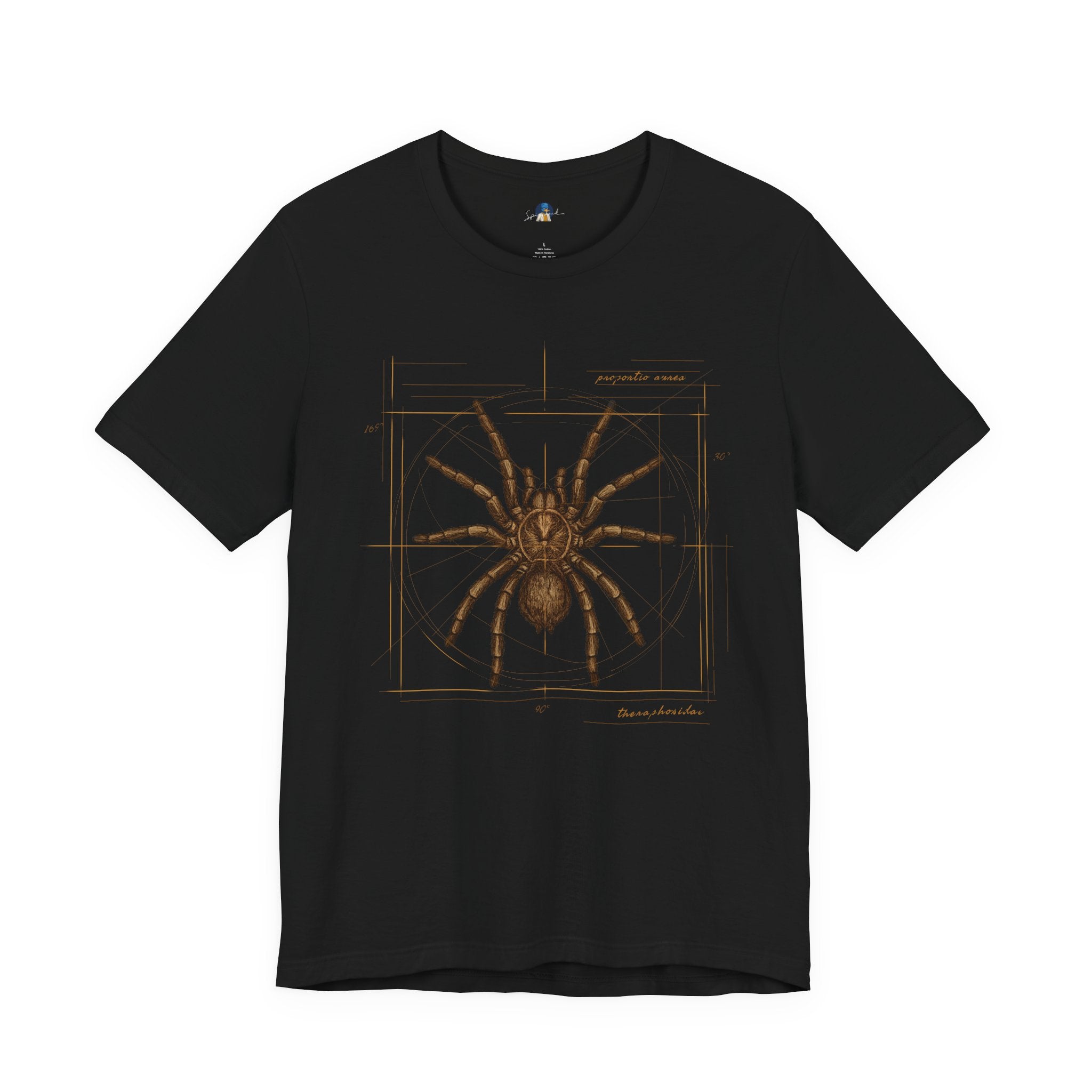 Araneae Theraphosidae, Tarantula, Vitruvian Codex blueprint t-shirt on black