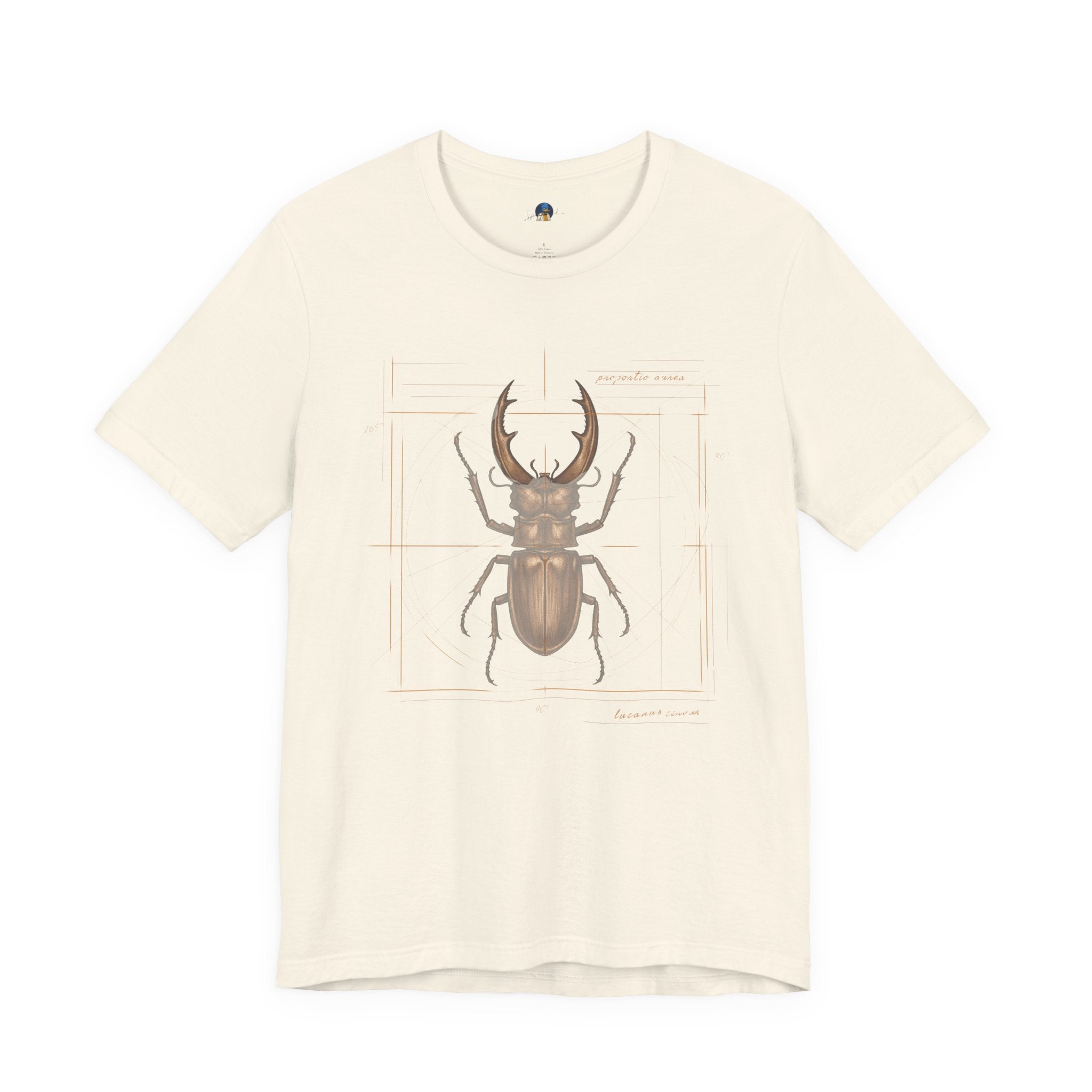 Lucanus cervus, Stag beetle, Vitruvian Codex blueprint t-shirt on natural/bone